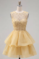 Load image into Gallery viewer, Sparkly White A-Line Beaded Illusion Neck Tiered Short Cocktail Dress