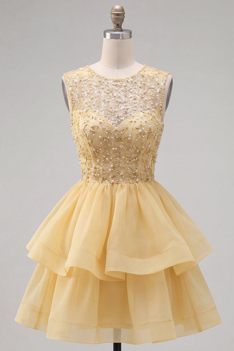 Load image into Gallery viewer, Sparkly White A-Line Beaded Illusion Neck Tiered Short Cocktail Dress