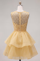 Load image into Gallery viewer, Sparkly White A-Line Beaded Illusion Neck Tiered Short Cocktail Dress