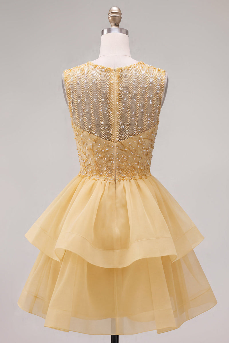 Load image into Gallery viewer, Sparkly White A-Line Beaded Illusion Neck Tiered Short Cocktail Dress