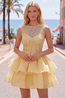 Load image into Gallery viewer, Sparkly White A-Line Beaded Illusion Neck Tiered Short Cocktail Dress