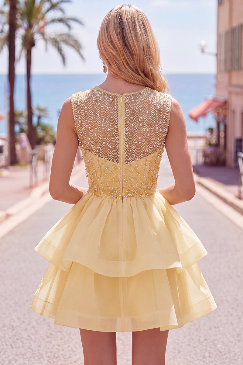 Load image into Gallery viewer, Sparkly White A-Line Beaded Illusion Neck Tiered Short Cocktail Dress