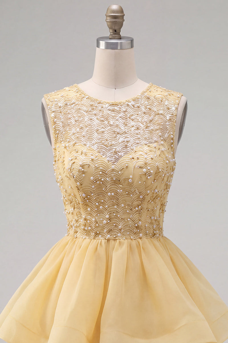 Load image into Gallery viewer, Sparkly White A-Line Beaded Illusion Neck Tiered Short Cocktail Dress