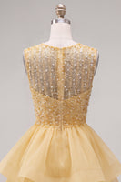 Load image into Gallery viewer, Sparkly White A-Line Beaded Illusion Neck Tiered Short Cocktail Dress