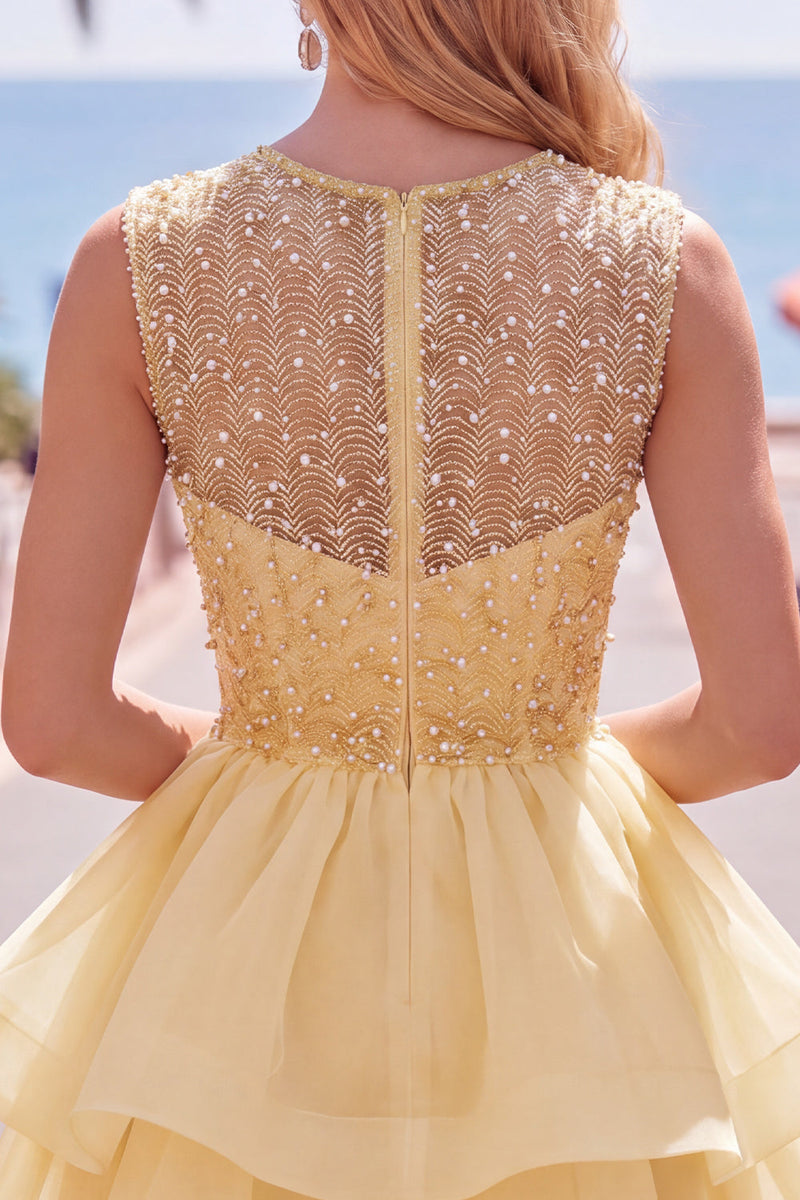 Load image into Gallery viewer, Sparkly White A-Line Beaded Illusion Neck Tiered Short Cocktail Dress