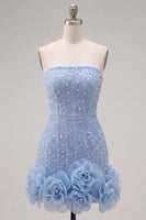 Load image into Gallery viewer, Sparkly Blue Tight Beaded Strapless Short Cocktail Dress with 3D Flowers