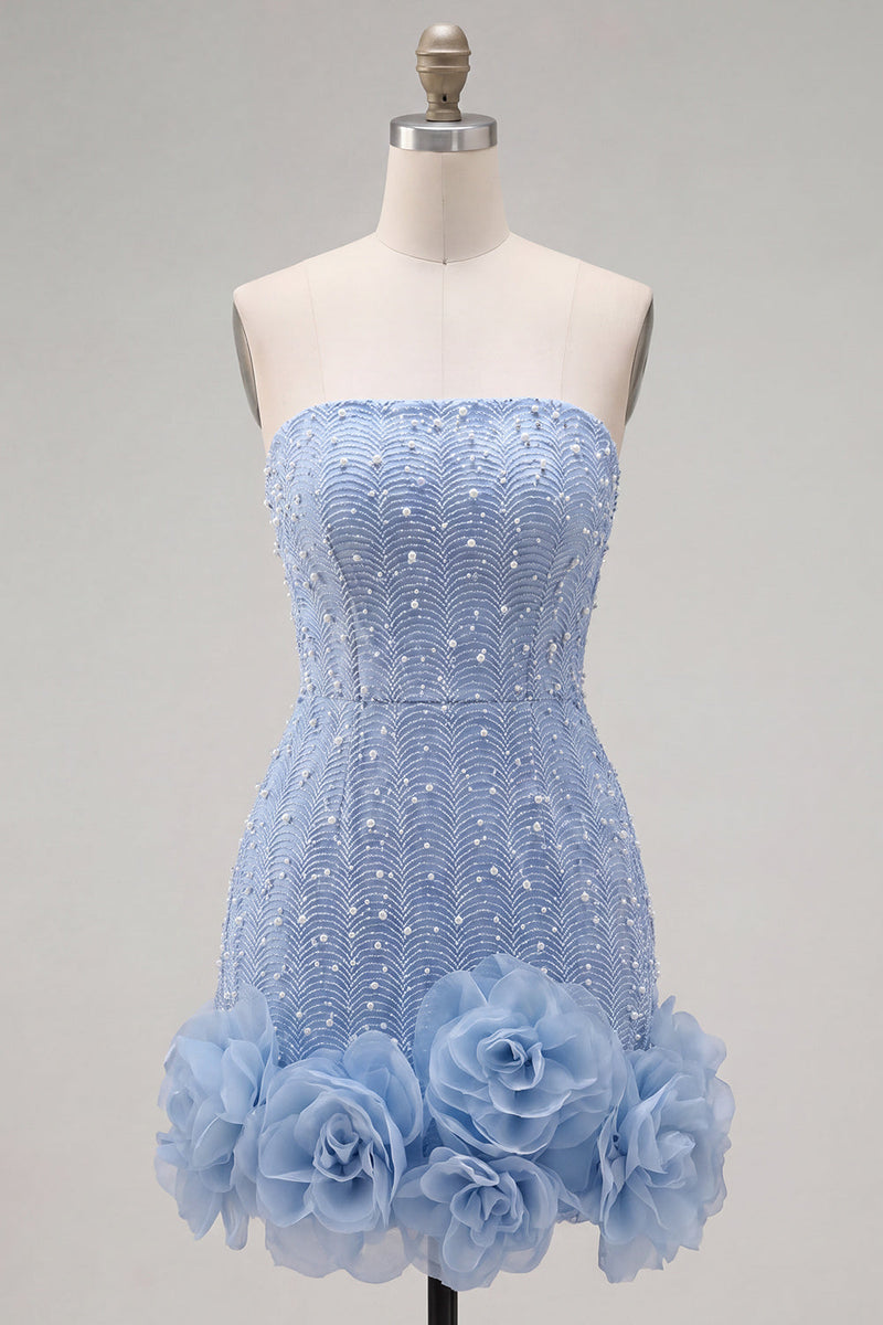 Load image into Gallery viewer, Sparkly Blue Tight Beaded Strapless Short Cocktail Dress with 3D Flowers