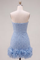 Load image into Gallery viewer, Sparkly Blue Tight Beaded Strapless Short Cocktail Dress with 3D Flowers