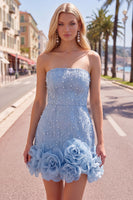 Load image into Gallery viewer, Sparkly Blue Tight Beaded Strapless Short Cocktail Dress with 3D Flowers