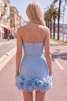 Load image into Gallery viewer, Sparkly Blue Tight Beaded Strapless Short Cocktail Dress with 3D Flowers