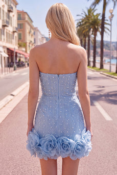 Sparkly Blue Tight Beaded Strapless Short Cocktail Dress with 3D Flowers