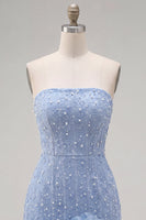 Load image into Gallery viewer, Sparkly Blue Tight Beaded Strapless Short Cocktail Dress with 3D Flowers