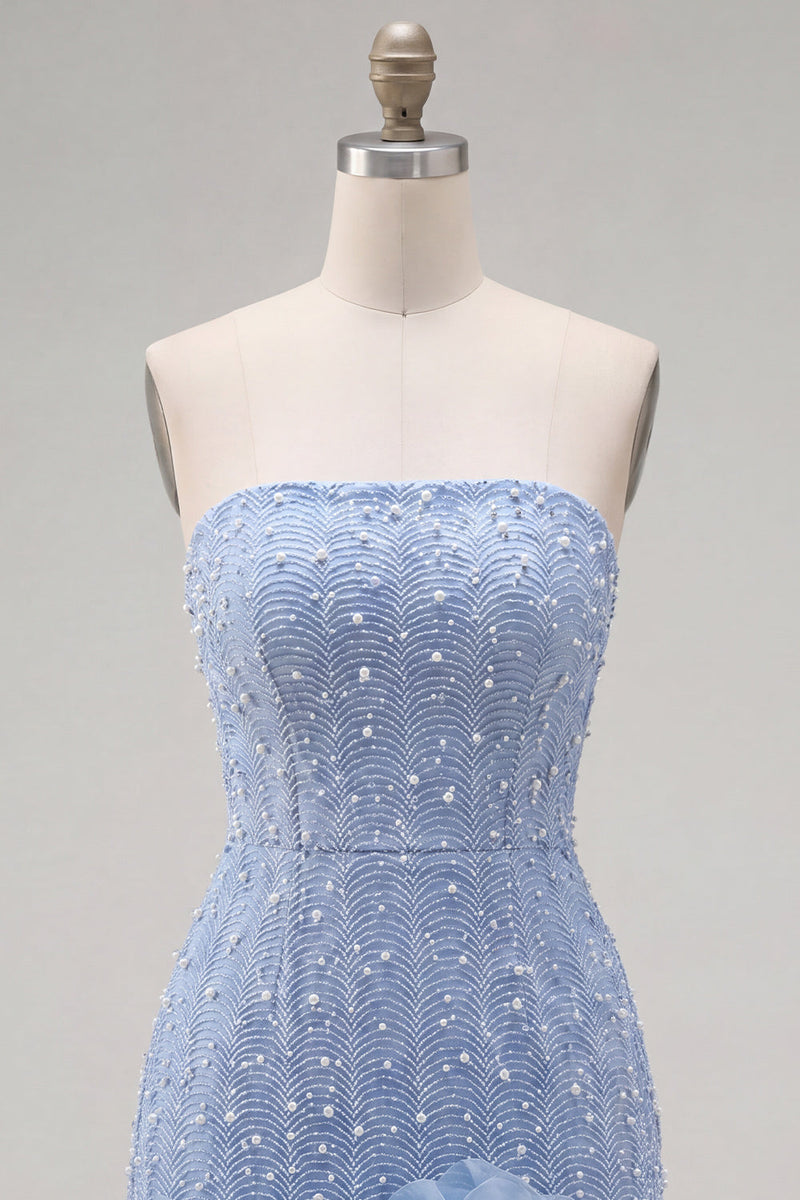 Load image into Gallery viewer, Sparkly Blue Tight Beaded Strapless Short Cocktail Dress with 3D Flowers