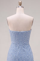 Load image into Gallery viewer, Sparkly Blue Tight Beaded Strapless Short Cocktail Dress with 3D Flowers