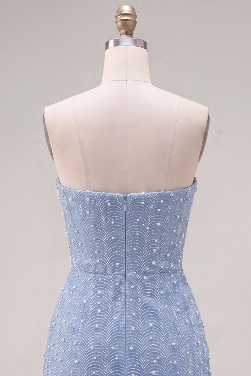 Load image into Gallery viewer, Sparkly Blue Tight Beaded Strapless Short Cocktail Dress with 3D Flowers