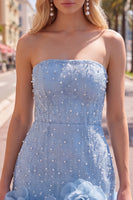 Load image into Gallery viewer, Sparkly Blue Tight Beaded Strapless Short Cocktail Dress with 3D Flowers