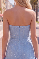 Load image into Gallery viewer, Sparkly Blue Tight Beaded Strapless Short Cocktail Dress with 3D Flowers