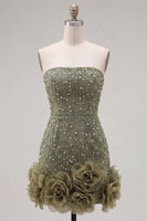 Load image into Gallery viewer, Sparkly Blue Tight Beaded Strapless Short Cocktail Dress with 3D Flowers