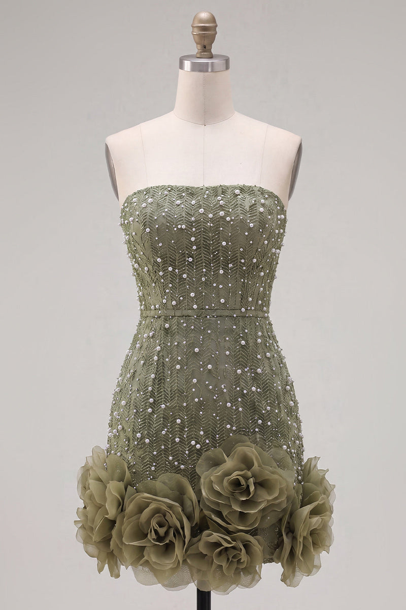Load image into Gallery viewer, Sparkly Blue Tight Beaded Strapless Short Cocktail Dress with 3D Flowers