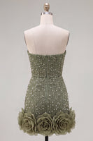 Load image into Gallery viewer, Sparkly Blue Tight Beaded Strapless Short Cocktail Dress with 3D Flowers