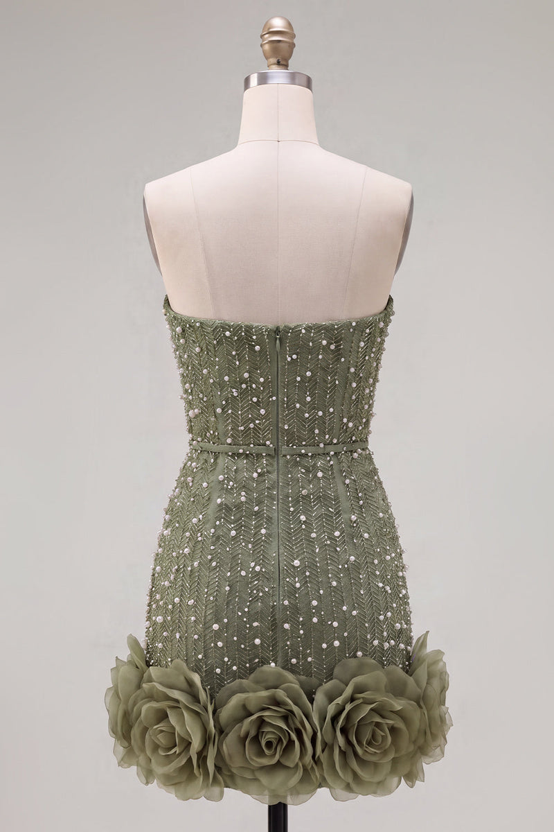 Load image into Gallery viewer, Sparkly Blue Tight Beaded Strapless Short Cocktail Dress with 3D Flowers