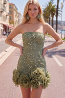 Load image into Gallery viewer, Sparkly Blue Tight Beaded Strapless Short Cocktail Dress with 3D Flowers