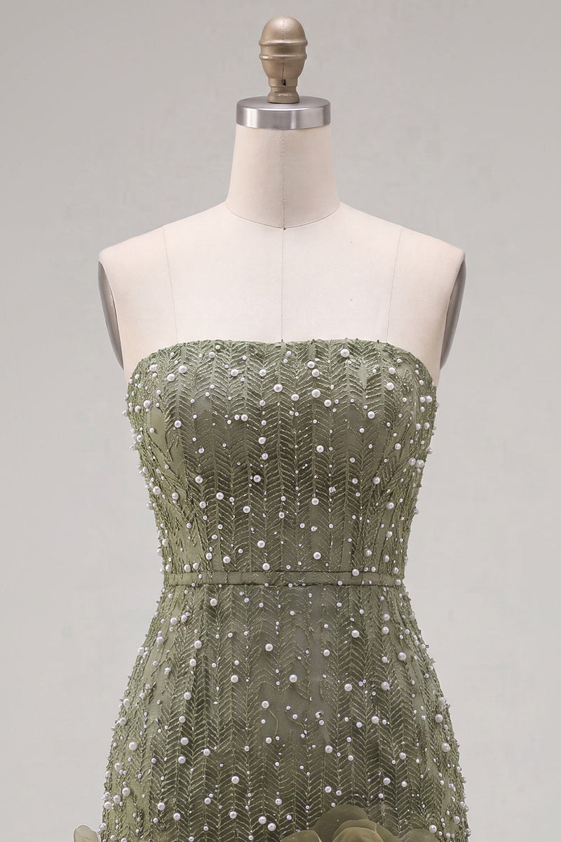 Load image into Gallery viewer, Sparkly Blue Tight Beaded Strapless Short Cocktail Dress with 3D Flowers