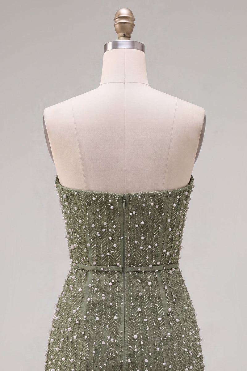 Load image into Gallery viewer, Sparkly Blue Tight Beaded Strapless Short Cocktail Dress with 3D Flowers