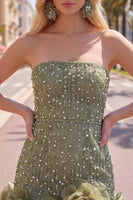 Load image into Gallery viewer, Sparkly Blue Tight Beaded Strapless Short Cocktail Dress with 3D Flowers