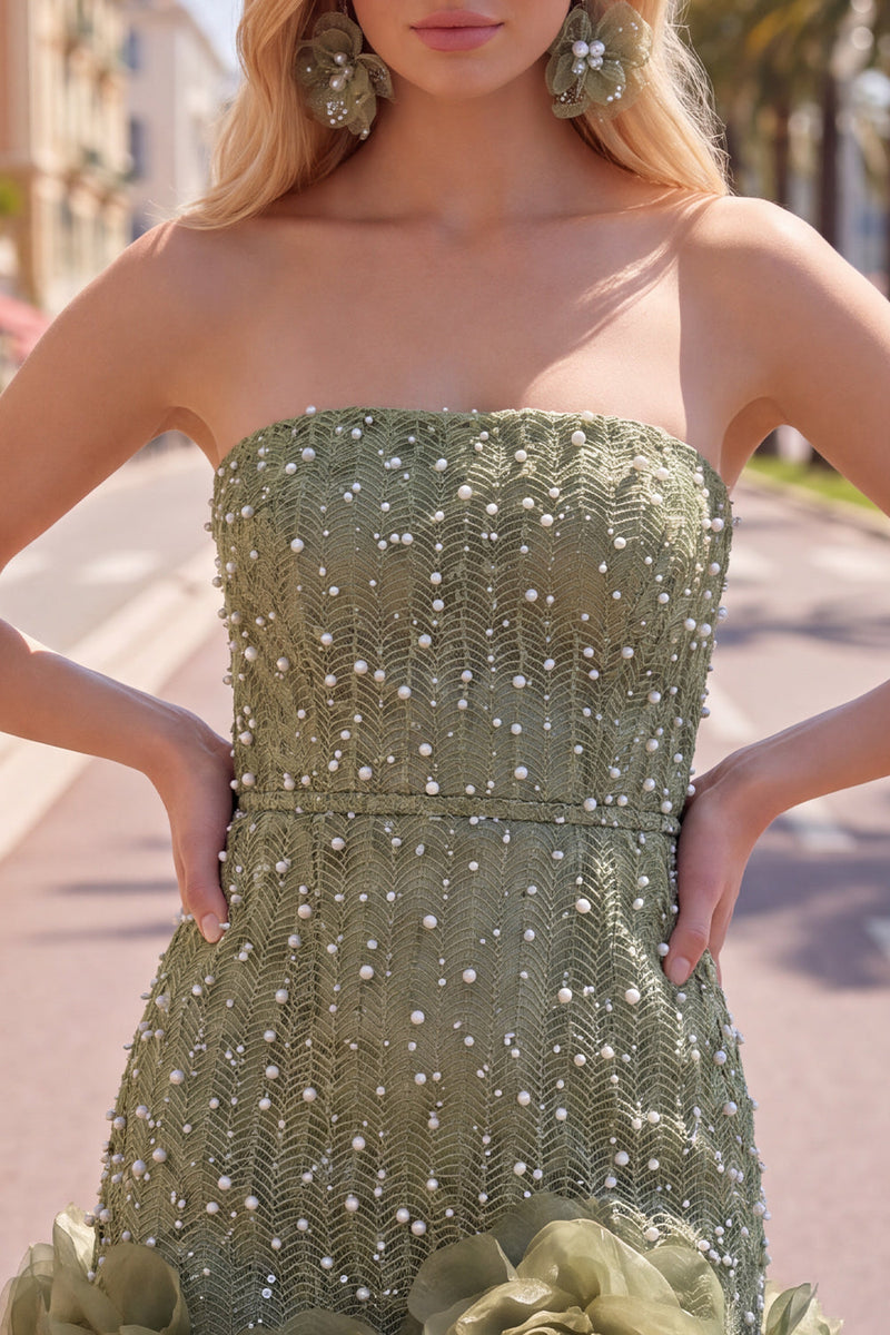 Load image into Gallery viewer, Sparkly Blue Tight Beaded Strapless Short Cocktail Dress with 3D Flowers