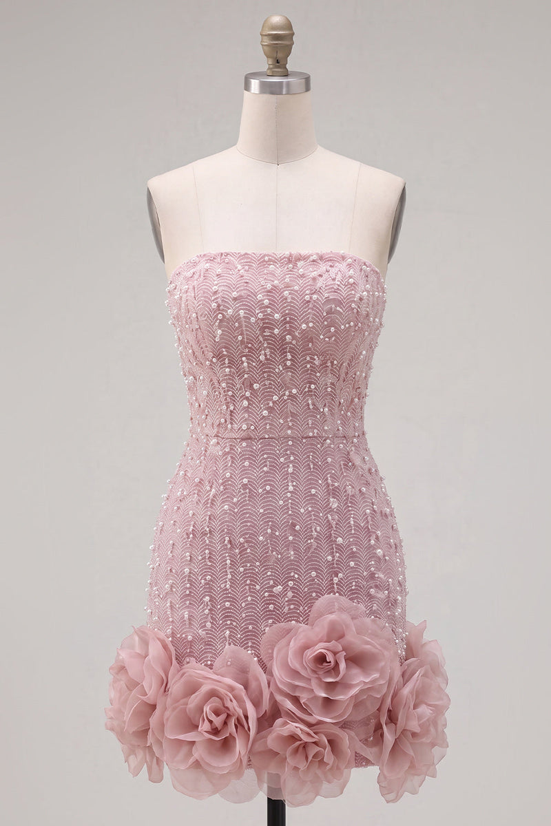 Load image into Gallery viewer, Sparkly Blue Tight Beaded Strapless Short Cocktail Dress with 3D Flowers