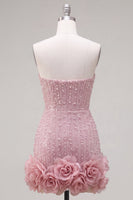 Load image into Gallery viewer, Sparkly Blue Tight Beaded Strapless Short Cocktail Dress with 3D Flowers