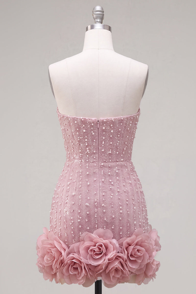 Load image into Gallery viewer, Sparkly Blue Tight Beaded Strapless Short Cocktail Dress with 3D Flowers