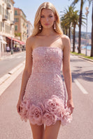 Load image into Gallery viewer, Sparkly Blue Tight Beaded Strapless Short Cocktail Dress with 3D Flowers