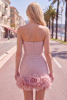 Load image into Gallery viewer, Sparkly Blue Tight Beaded Strapless Short Cocktail Dress with 3D Flowers