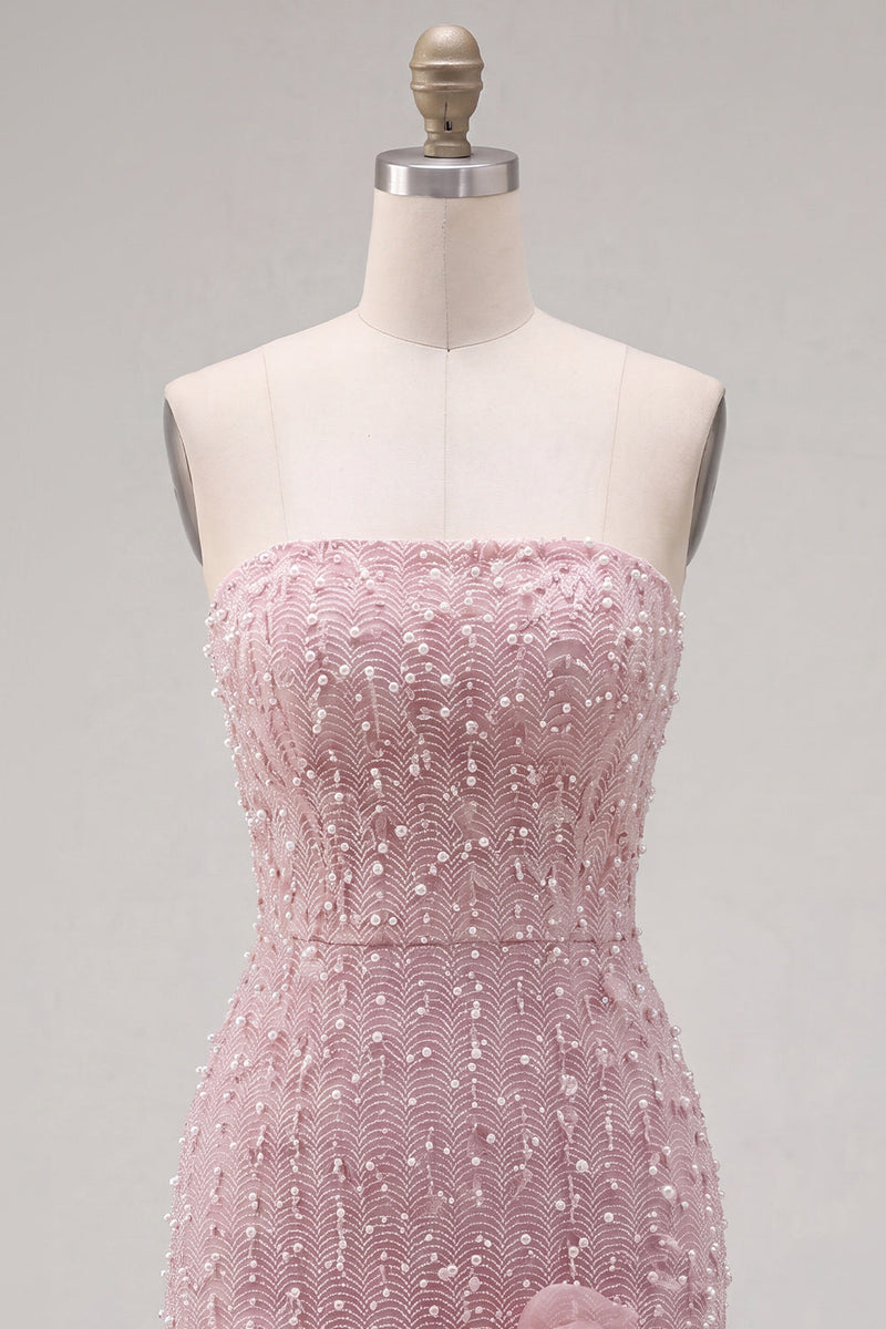Load image into Gallery viewer, Sparkly Blue Tight Beaded Strapless Short Cocktail Dress with 3D Flowers