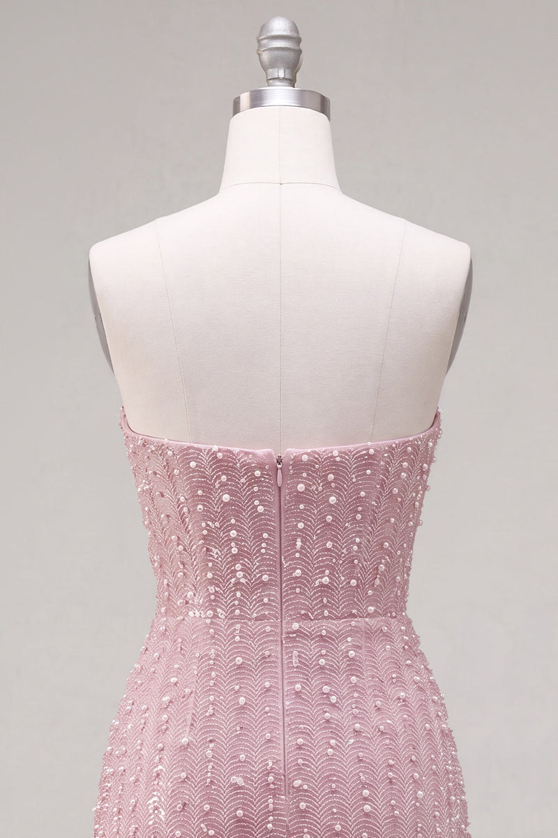 Load image into Gallery viewer, Sparkly Blue Tight Beaded Strapless Short Cocktail Dress with 3D Flowers