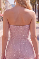 Load image into Gallery viewer, Sparkly Blue Tight Beaded Strapless Short Cocktail Dress with 3D Flowers