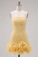 Load image into Gallery viewer, Sparkly Blue Tight Beaded Strapless Short Cocktail Dress with 3D Flowers