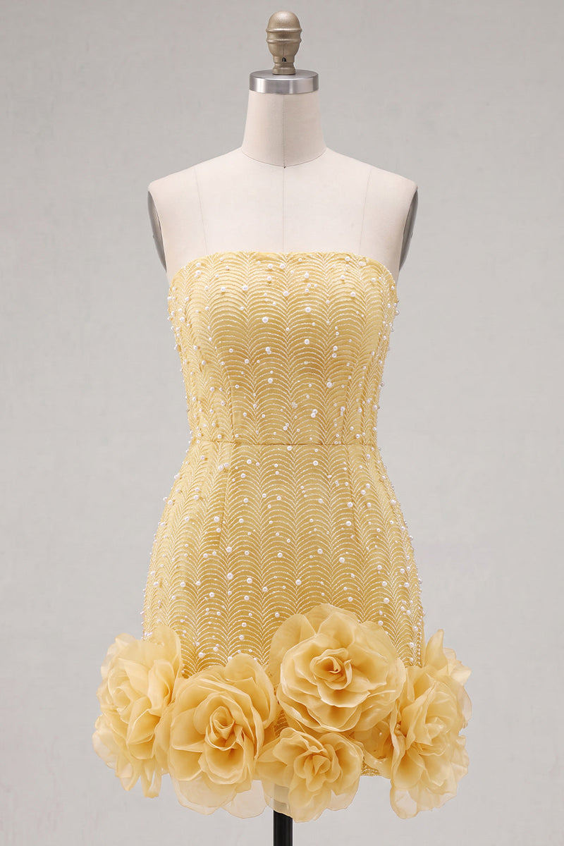 Load image into Gallery viewer, Sparkly Blue Tight Beaded Strapless Short Cocktail Dress with 3D Flowers