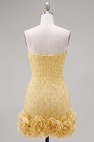 Load image into Gallery viewer, Sparkly Blue Tight Beaded Strapless Short Cocktail Dress with 3D Flowers
