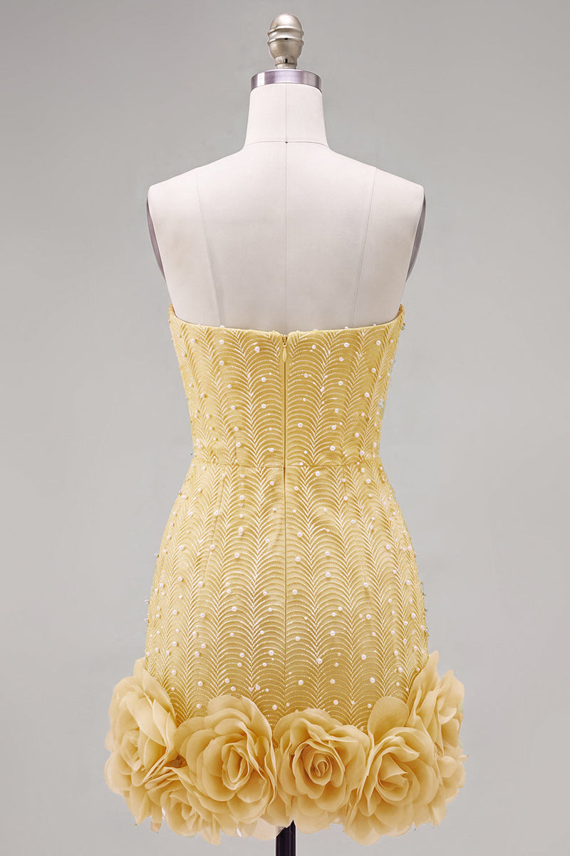 Load image into Gallery viewer, Sparkly Blue Tight Beaded Strapless Short Cocktail Dress with 3D Flowers