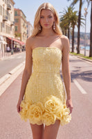 Load image into Gallery viewer, Sparkly Blue Tight Beaded Strapless Short Cocktail Dress with 3D Flowers