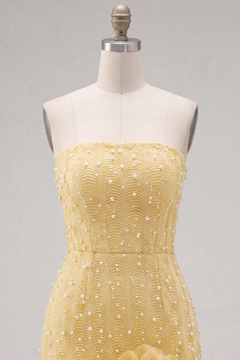 Load image into Gallery viewer, Sparkly Blue Tight Beaded Strapless Short Cocktail Dress with 3D Flowers
