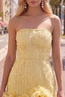 Load image into Gallery viewer, Sparkly Blue Tight Beaded Strapless Short Cocktail Dress with 3D Flowers