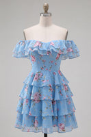 Load image into Gallery viewer, Blue Floral Ruffled A-Line Tiered Short Corset Cocktail Dress