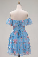 Load image into Gallery viewer, Blue Floral Ruffled A-Line Tiered Short Corset Cocktail Dress