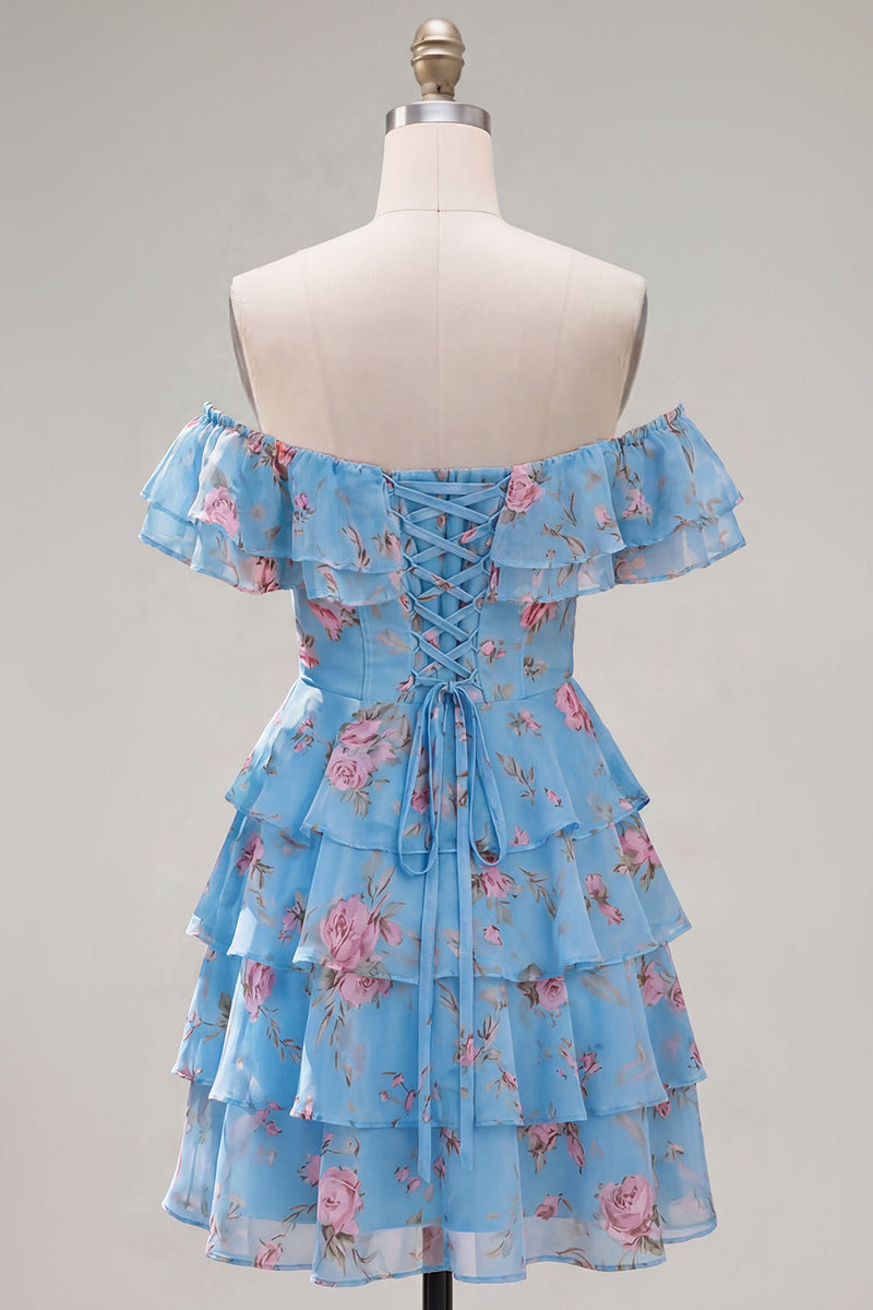 Load image into Gallery viewer, Blue Floral Ruffled A-Line Tiered Short Corset Cocktail Dress