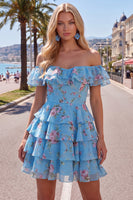 Load image into Gallery viewer, Blue Floral Ruffled A-Line Tiered Short Corset Cocktail Dress