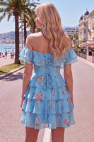Load image into Gallery viewer, Blue Floral Ruffled A-Line Tiered Short Corset Cocktail Dress